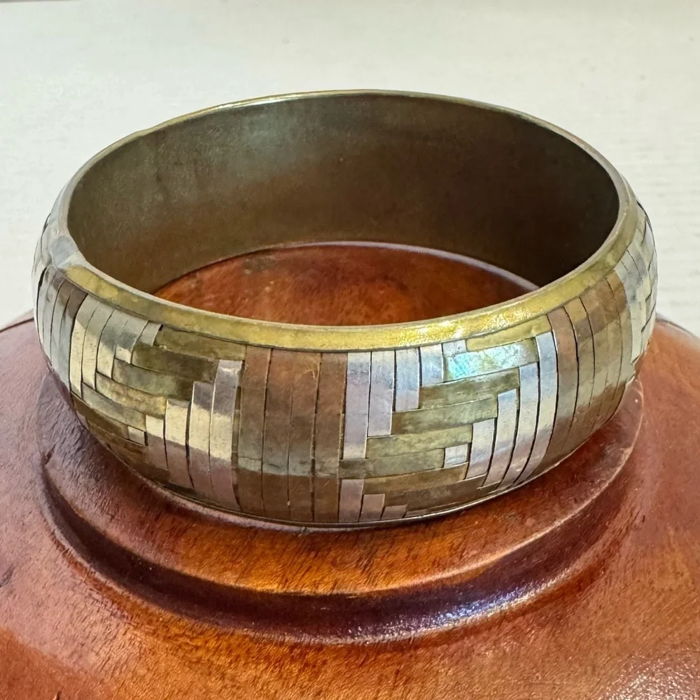 Vintage Metal Bangle Bracelet Tri-Color Woven Copper Bronze Silver Artsy Jewelry
